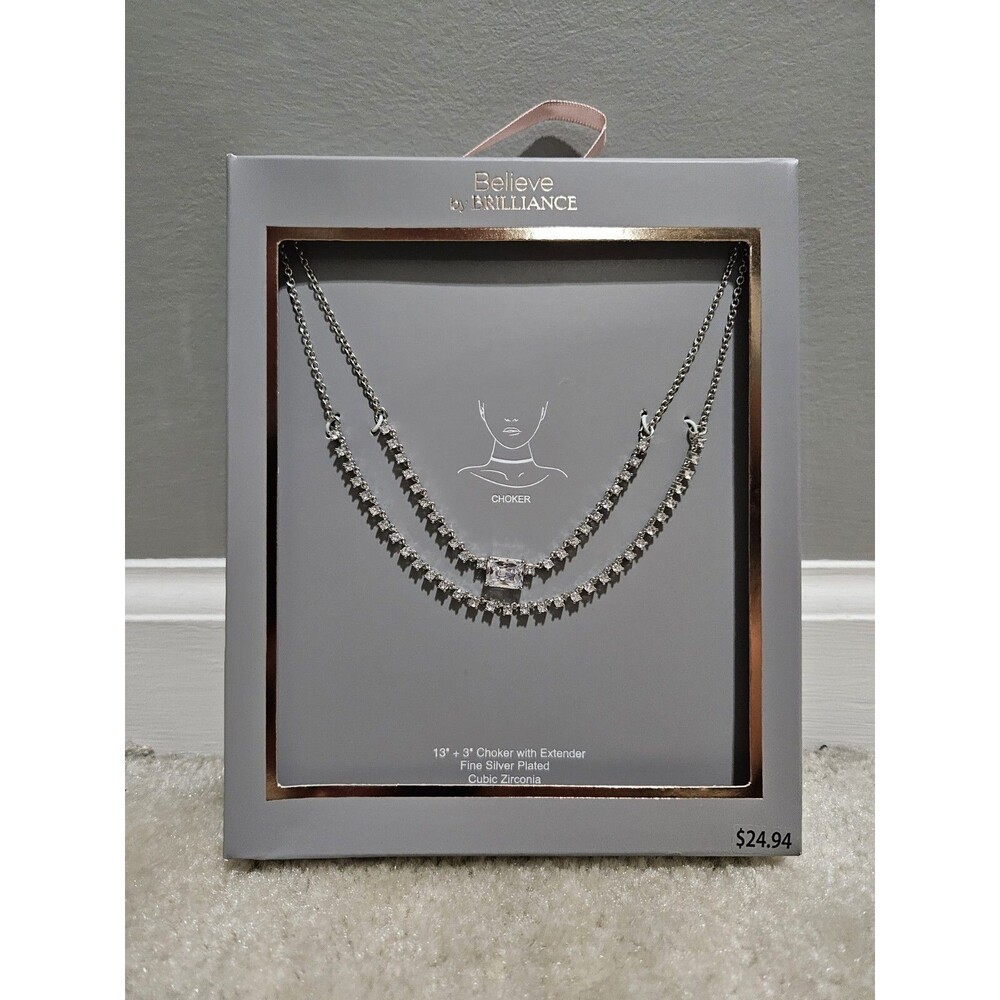 Believe by Brilliance Fine Silver Plated Cubic Zirconia Choker with Extender
